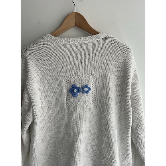 Vintage Susan Bristol White Sweater Cardigan Hand Knit Flowers Cottage Core Sz L - Picture 6 of 8